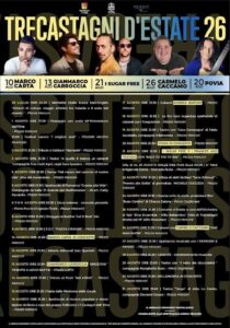 TRECASTAGNI D’ESTATE 2026: MARCO CARTA, POVIA, SUGAR FREE, GIANMARCO CARROCCIA E CARMELO CACCAMO TRA I PROTAGONISTI.