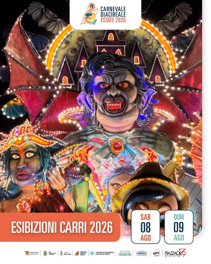 Scopri di più sull'articolo ACIREALE: STASERA TORNA LA MAGIA DEI CARRI ALLEGORICI PER L’ULTIMO WEEKEND DEL CARNEVALE ESTIVO 2026.