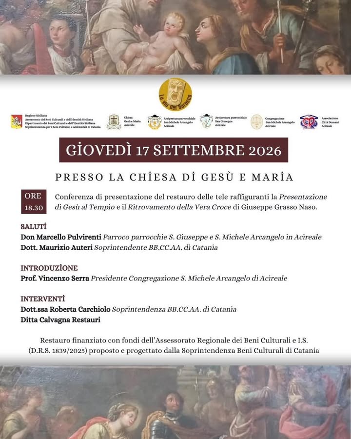 Scopri di più sull'articolo ACIREALE, “LA VIA DEL BAROCCO”: GIOVEDÌ MUSICA E ARTE. PRESENTAZIONE DEL RESTAURO DELLE TELE DI GIUSEPPE GRASSO NASO